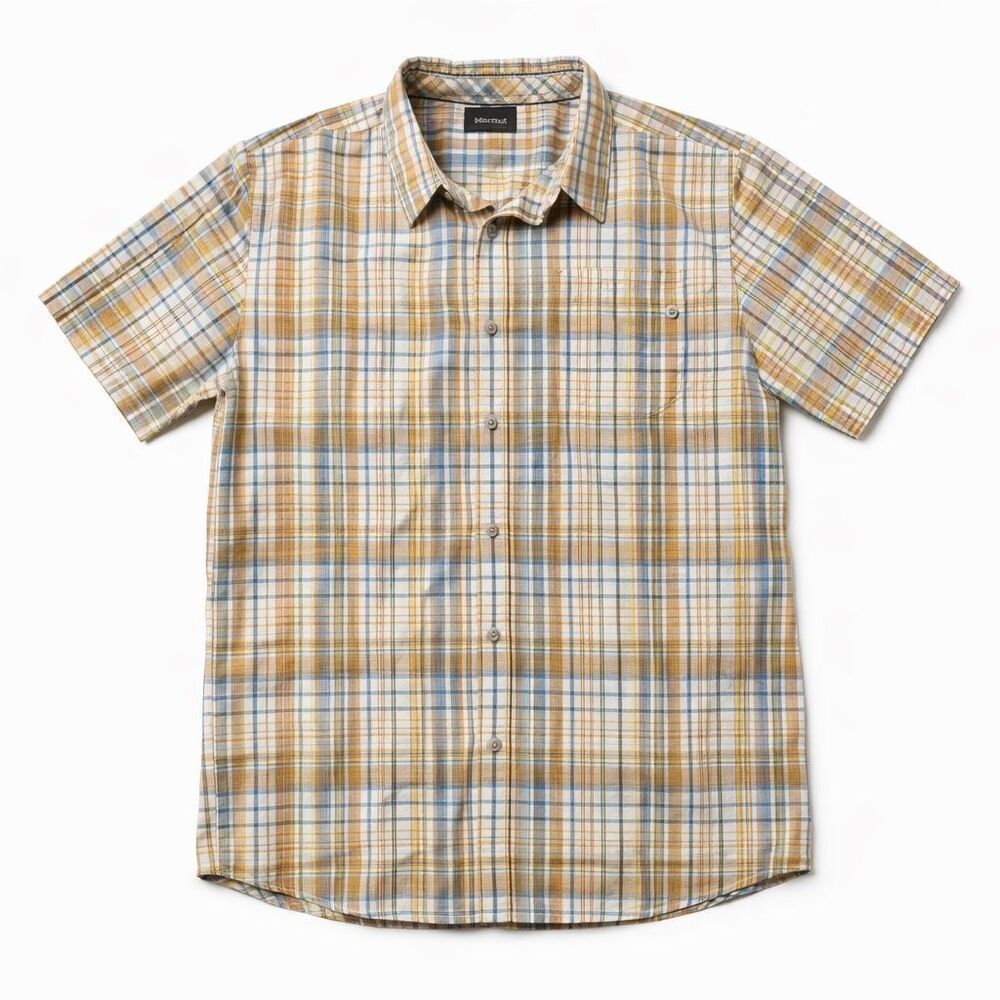 Marmot Trail Plaid Button Up Shirt Cotton Blue Tan Men L Outdoor Casual Rustic C